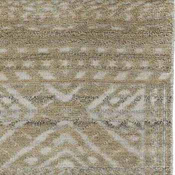 8' Gold and Tan Geometric Hand Knotted Worn Faded Runner Rug