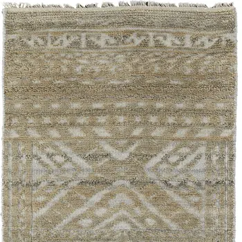 8' Gold and Tan Geometric Hand Knotted Worn Faded Runner Rug