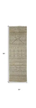8' Gold and Tan Geometric Hand Knotted Worn Faded Runner Rug