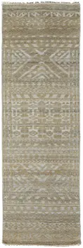 8' Gold and Tan Geometric Hand Knotted Worn Faded Runner Rug