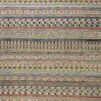 4' X 6' Tan Blue and Orange Striped Hand Knotted Area Rug