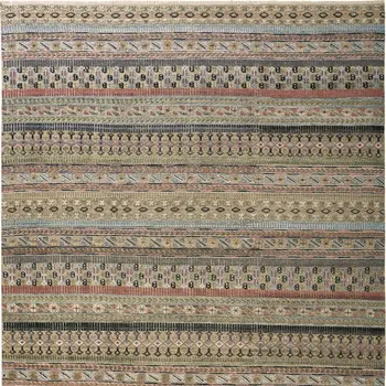 6' X 9' Tan Blue and Orange Striped Hand Knotted Area Rug