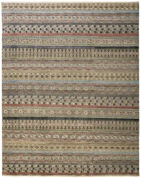 8' X 10' Tan Blue and Orange Striped Hand Knotted Area Rug