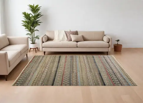 8' X 12' Tan Blue and Orange Striped Hand Knotted Area Rug