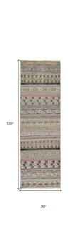10' Tan Blue and Orange Striped Hand Knotted Runner Rug