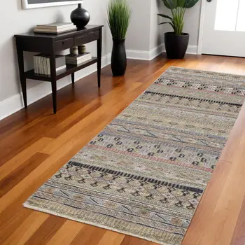 8' Tan Blue and Orange Striped Hand Knotted Runner Rug