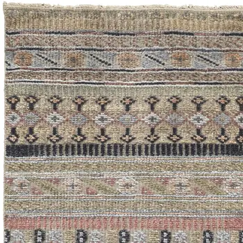 8' Tan Blue and Orange Striped Hand Knotted Runner Rug