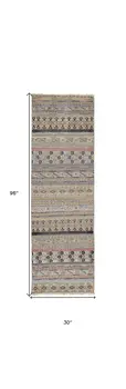 8' Tan Blue and Orange Striped Hand Knotted Runner Rug