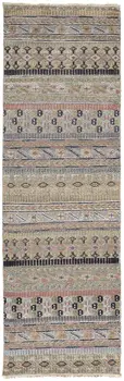 8' Tan Blue and Orange Striped Hand Knotted Runner Rug