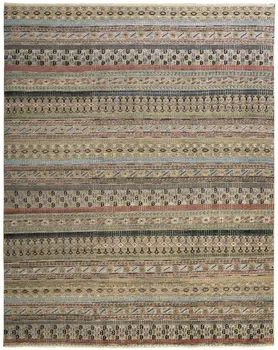 12' X 15' Tan Blue and Orange Striped Hand Knotted Area Rug