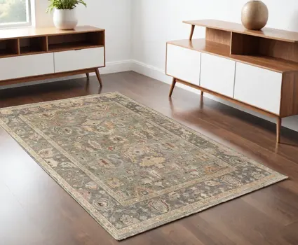 4' X 6' Gray and Gold Wool Oriental Hand Knotted Area Rug With Fringe