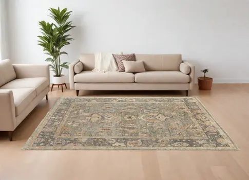 6' X 9' Gray and Gold Wool Oriental Hand Knotted Area Rug With Fringe