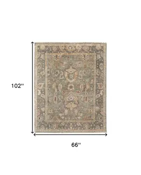 6' X 9' Gray and Gold Wool Oriental Hand Knotted Area Rug With Fringe