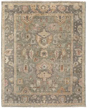 9' X 13' Gray and Gold Wool Oriental Hand Knotted Area Rug With Fringe
