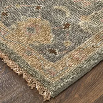 9' X 13' Gray and Gold Wool Oriental Hand Knotted Area Rug With Fringe