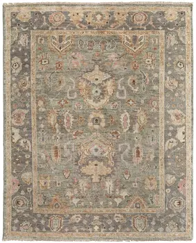 9' X 13' Gray and Gold Wool Oriental Hand Knotted Area Rug With Fringe