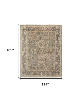 9' X 13' Gray and Gold Wool Oriental Hand Knotted Area Rug With Fringe