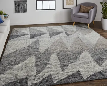 8' X 12' Gray and Ivory Wool Geometric Hand Knotted Area Rug