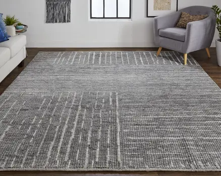 6' X 9' Gray and Ivory Wool Checkered Hand Knotted Worn Faded Area Rug