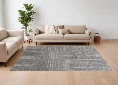 8' X 10' Gray and Ivory Wool Checkered Hand Knotted Worn Faded Area Rug