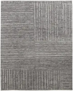 9' X 13' Gray and Ivory Wool Checkered Hand Knotted Worn Faded Area Rug