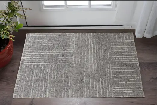 2' X 3' Gray and Ivory Wool Checkered Hand Knotted Worn Faded Area Rug