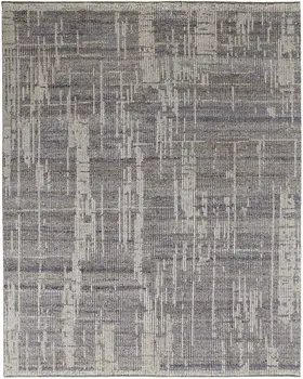 9' X 13' Gray and Ivory Wool Abstract Hand Knotted Worn Faded Area Rug