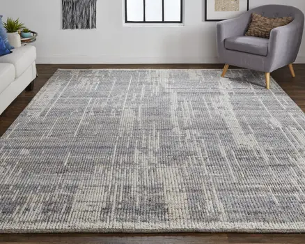 2' X 3' Gray and Ivory Wool Abstract Hand Knotted Worn Faded Area Rug