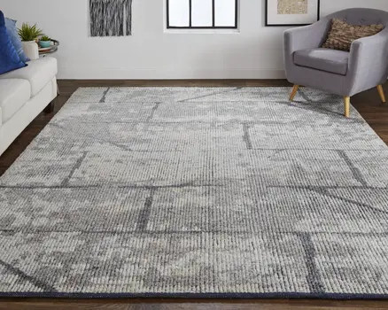 2' X 3' Gray and Silver Wool Abstract Hand Knotted Worn Faded Area Rug