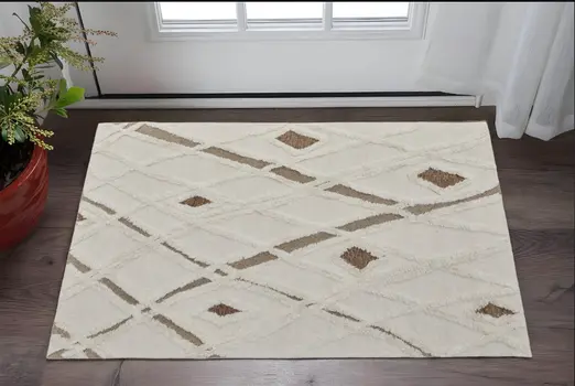 2' X 3' Ivory Taupe and Brown Wool Geometric Hand Tufted Area Rug