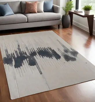 5' X 8' Gray Ivory and Blue Abstract Hand Tufted Area Rug