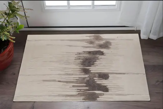 2' X 3' Ivory Taupe and Brown Abstract Hand Tufted Area Rug
