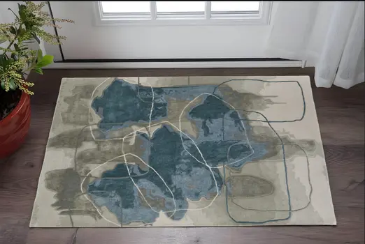 2' X 3' Blue and Gray Abstract Hand Tufted Area Rug