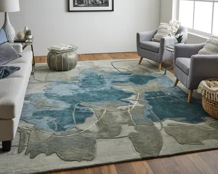 2' X 3' Blue and Gray Abstract Hand Tufted Area Rug