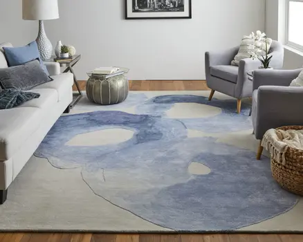 9' X 12' Blue and Ivory Abstract Hand Tufted Area Rug