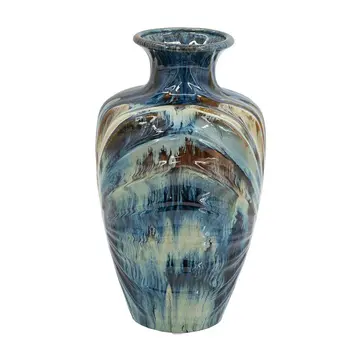 16" Ivory and Blue Ceramic Abstract Round Table Vase