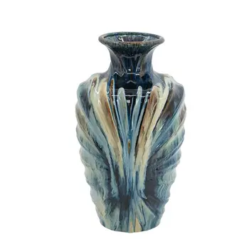 16" Ivory and Blue Ceramic Abstract Round Table Vase