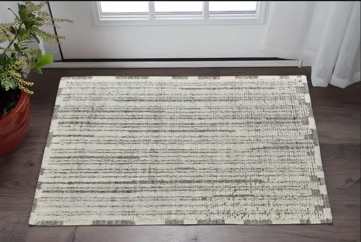 2' X 3' Gray and Ivory Wool Striped Hand Woven Area Rug