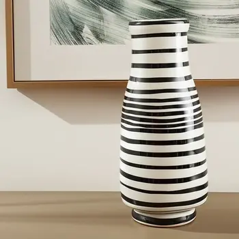 18" Black And White Striped Round Ceramic Table Vase