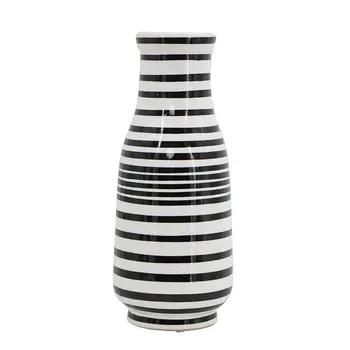 18" Black And White Striped Round Ceramic Table Vase