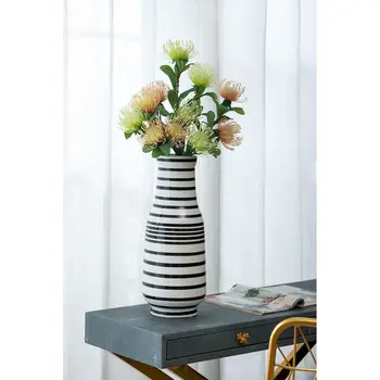 18" Black And White Striped Round Ceramic Table Vase