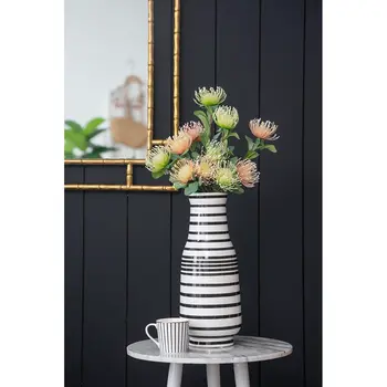 18" Black And White Striped Round Ceramic Table Vase