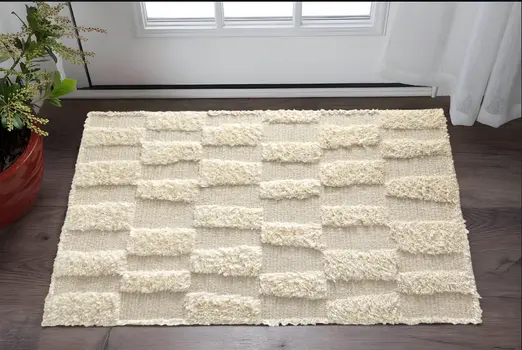 2' X 3' Ivory Wool Geometric Hand Woven Area Rug