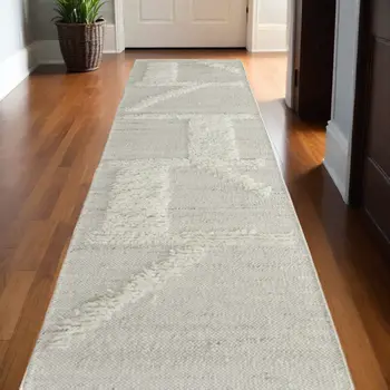 10' Tan and Ivory Wool Geometric Hand Woven Runner Rug