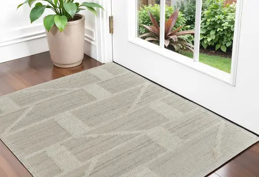 2' X 3' Tan and Ivory Wool Geometric Hand Woven Area Rug