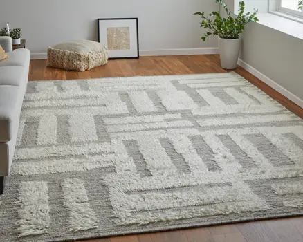 2' X 3' Gray and Ivory Wool Geometric Hand Woven Area Rug