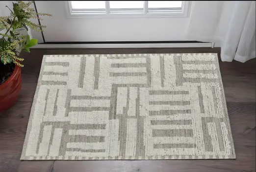 2' X 3' Gray and Ivory Wool Geometric Hand Woven Area Rug