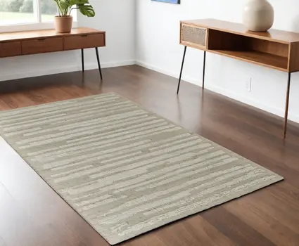 4' X 6' White and Tan Wool Striped Hand Woven Area Rug