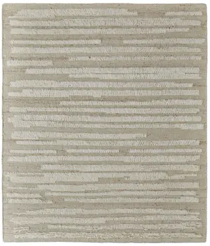 9' X 13' White and Tan Wool Striped Hand Woven Area Rug