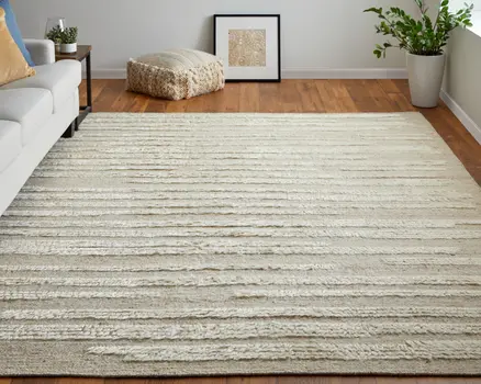 2' X 3' White and Tan Wool Striped Hand Woven Area Rug